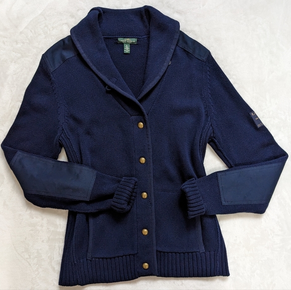 Lauren Ralph Lauren Navy Shawl Collar Elbow Shoulder Patch Gold Button Cardigan - Picture 12 of 13